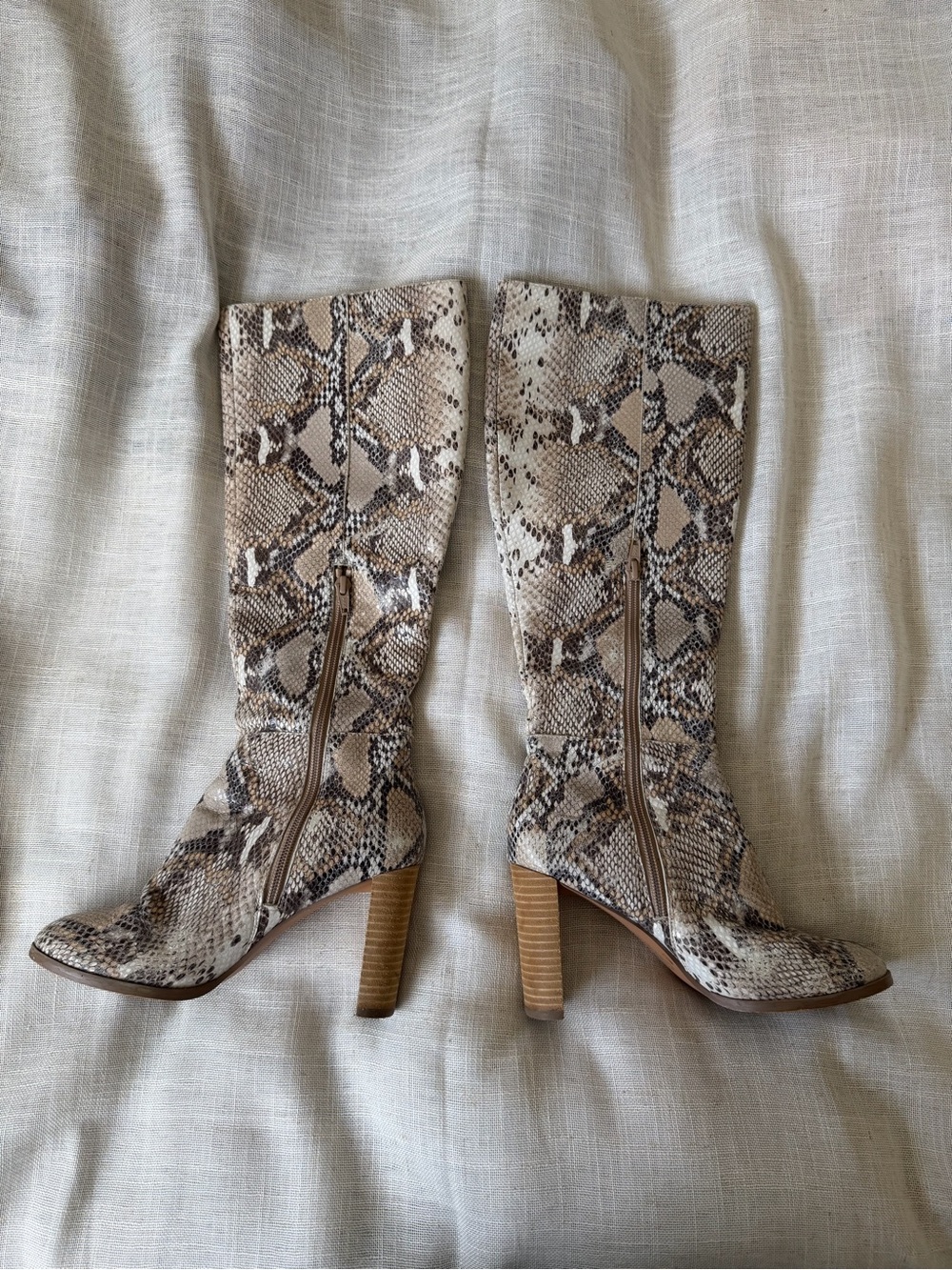 Nasty Gal Taupe & Brown Snake-Print Mid-Calf Heeled Boots